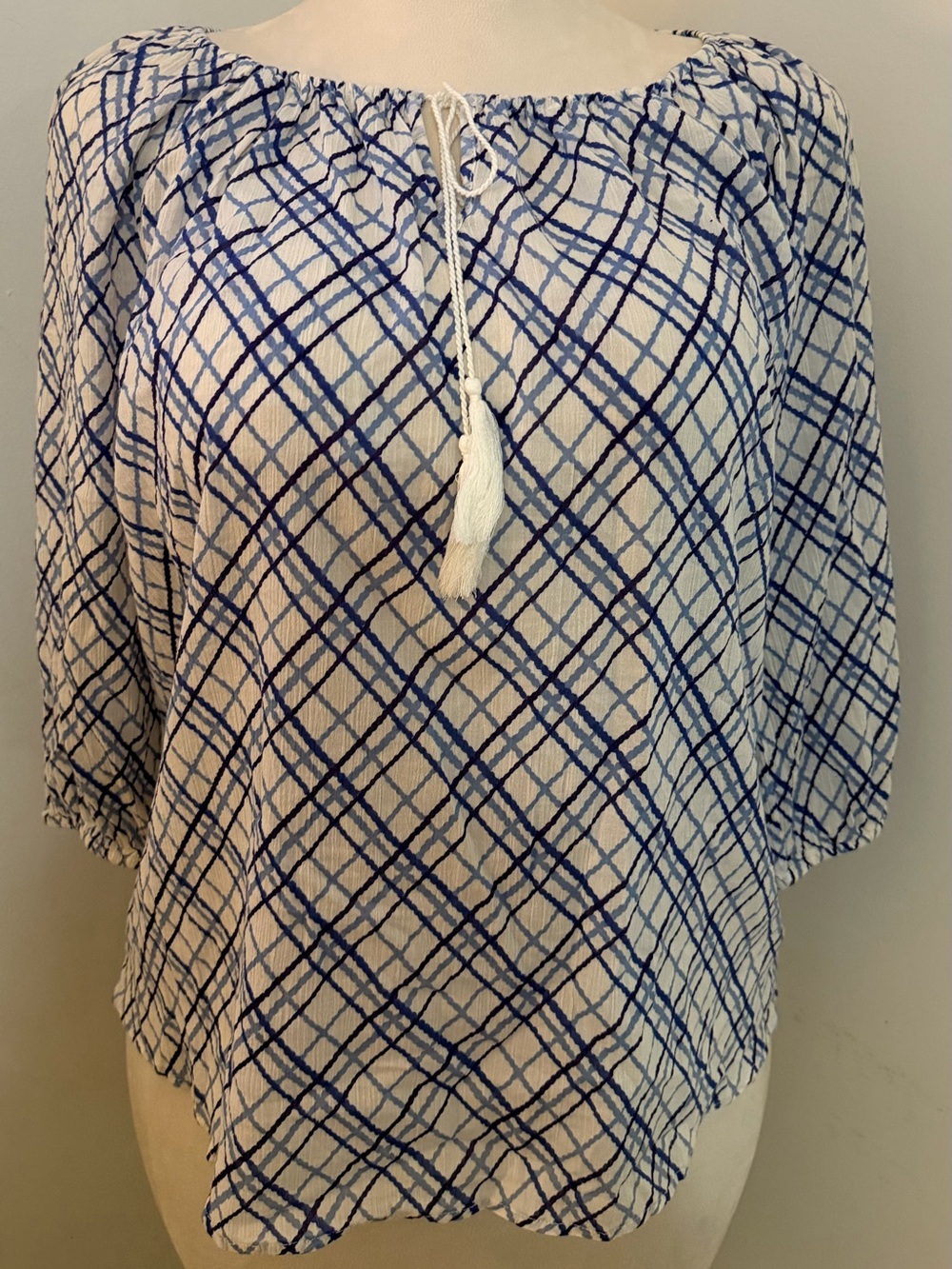 CHAPS Denim Cotton Gauze Plaid Peasant Tassel Top Blue White M Coastal Preppy